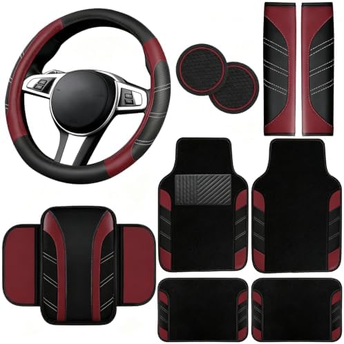 NBTEPEM 10 Pcs Car Floor Mats Full Set & Sport Leather Steering Wheel Cover by NBTEPEM