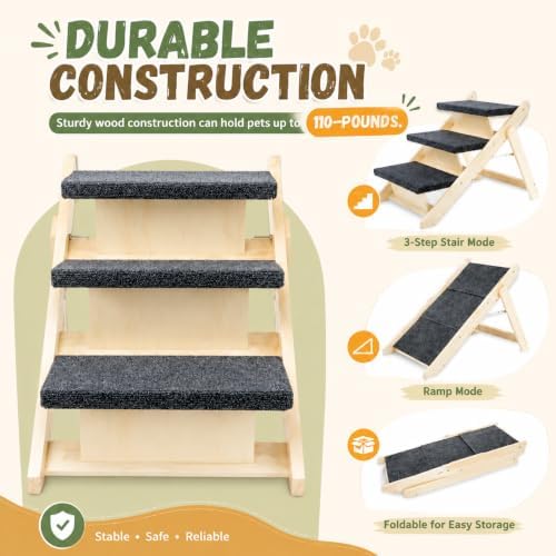 Wooden Dog Stairs & Ramp for Small Medium Dogs and Cats, Foldable Pet Steps - Image 3