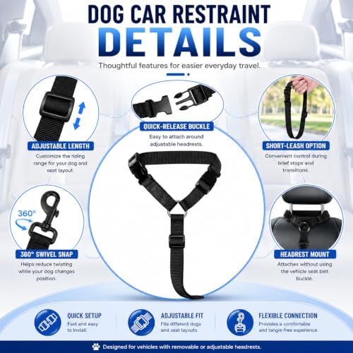 Dog Cat Car Headrest Restraint, Adjustable Pet Safety Seat Belt Strap - Image 2