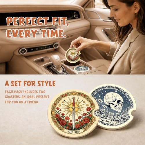 Tarot Card Sun Moon Car Coasters, Retro Skeleton Floral Cup Holders - Image 2