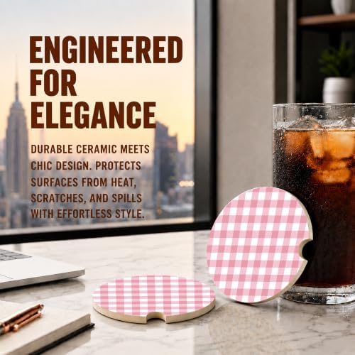 Pink Buffalo Plaid Car Coasters Set of 2, Coquette Preppy Cup Holders - Image 5