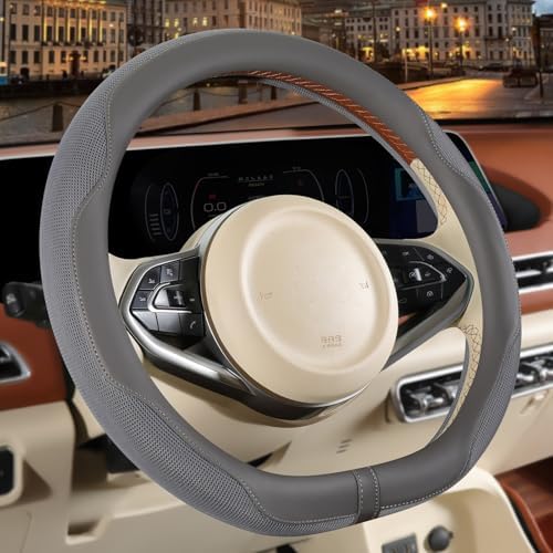 Nappa Leather Grey D Shaped Steering Wheel Cover 14 inch - Image 2