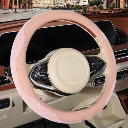 Nappa Leather Ice Silk Fabric Pink Steering Wheel Cover Women by Binsheo