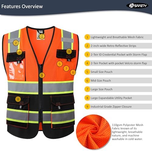 JKSafety Safety Vest for Men Women Hi Vis Reflective Vest JK220 OBlack L - Image 3