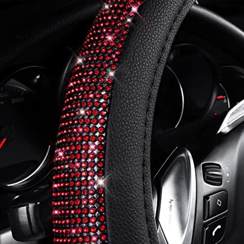 CAR PASS Red Diamond Black Leather Steering Wheel Cover, - Image 3