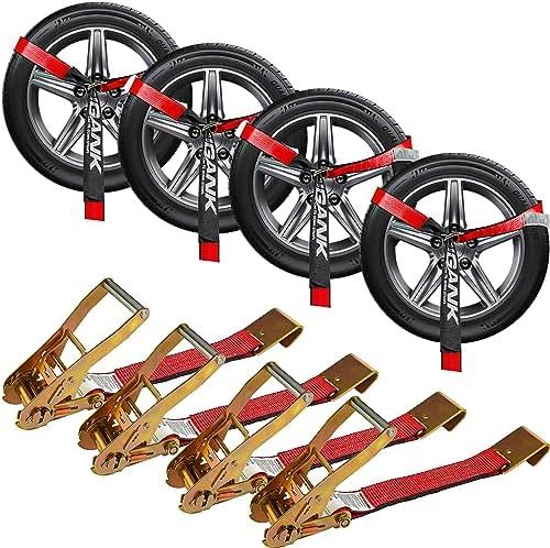 Car Tie Down Straps for Trailers, 4 Pack 2" x 96" Tire Straps, Flat Hooks by Digank