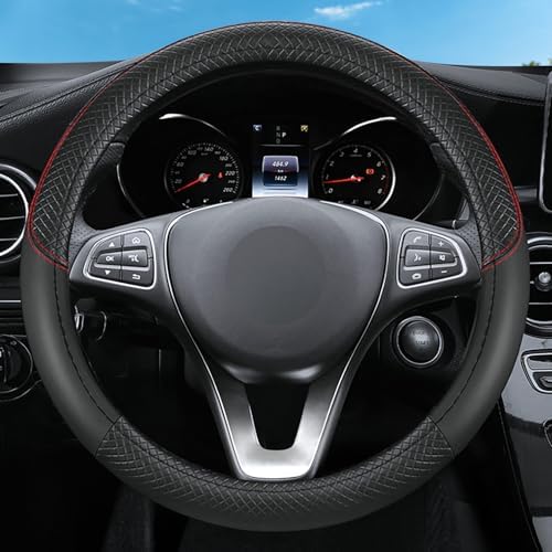 Leather Patchwork Black Steering Wheel Cover, 14.5-15 Inch Non-Slip Breathable by ExquisiteCarAccessories