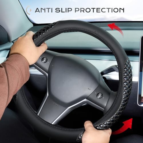 Coverado Car Steering Wheel Cover, Nappa Leather Black Steering Wheel Covers - Image 3