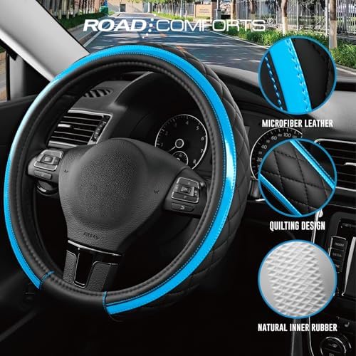 Road Comforts Leather Steering Wheel Cover – Black & Blue, Universal Fit - Image 5
