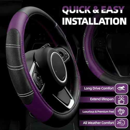 NBTEPEM 6 Pcs Purple Steering Wheel Cover Set, Sport Microfiber Leather - Image 2