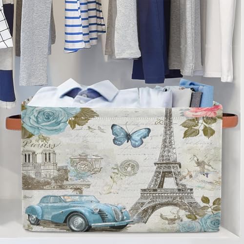 AUUXVA Storage Basket Vintage Paris Eiffel Tower Rose Flower Old Car Storage - Image 5