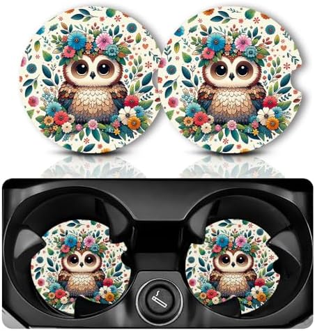 Yonlevres Car Coasters for Cup Holders, Flower Owl, 2 Pack by Yonlevres