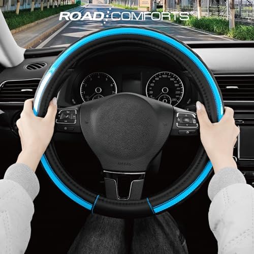 Road Comforts Leather Steering Wheel Cover – Black & Blue, Universal Fit - Image 4