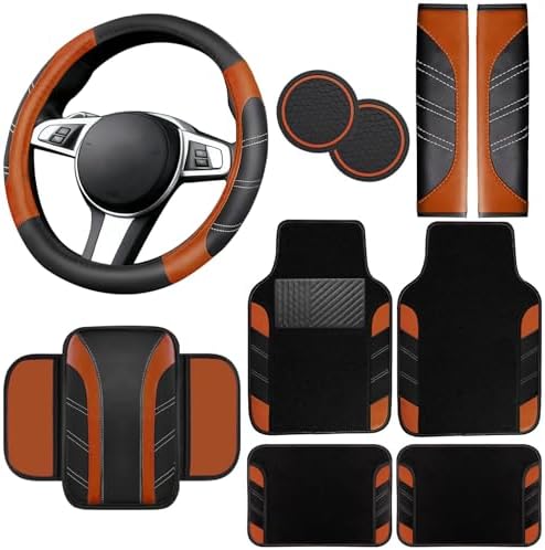 NBTEPEM 10 Pcs Brown Car Floor Mats Full Set & Sport Leather Brown Steering by NBTEPEM