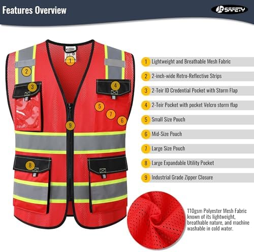 JKSafety Safety Vest for Men Women Hi Vis Reflective Vest JK220 Red M - Image 3