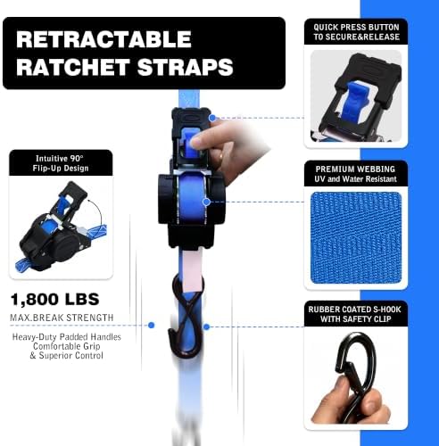Retractable Ratchet Straps 1" x 13 Ft, 800 Lbs, 4 Pack - Image 3