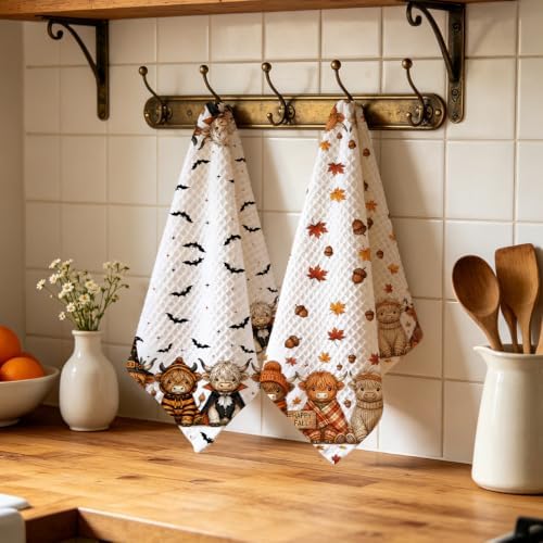 2 Pcs Halloween Kitchen Towels, Highland Cow Soft Absorbent Hand Tea Towels - Image 4