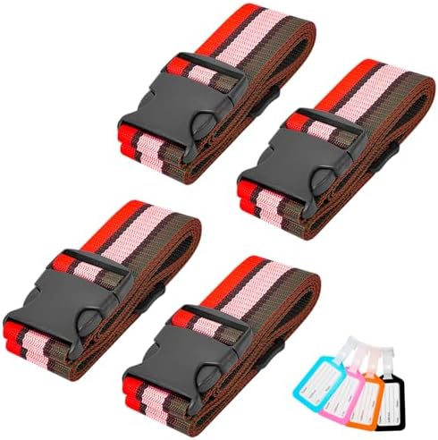Luggage Straps and Tags Set for Suitcase, 4 Vibrant Color Straps and 4 Tags by BILIONE