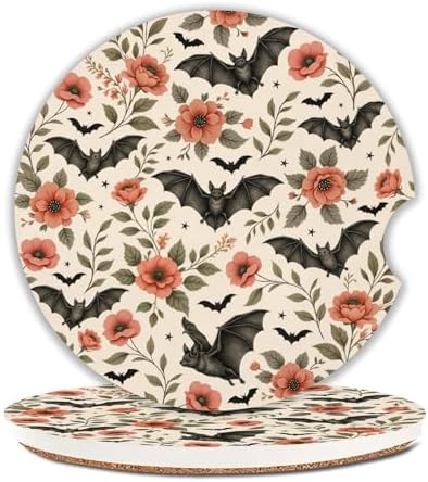 Bats Car Coasters for Cup Holders Set of 2 Floral Absorbent Ceramic Cup Coaster by Unknown