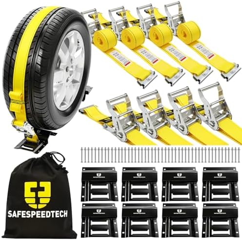 UTV Wheel Chock Tie Down Kit 4pk 2" x8' 4400LBS E Track Tire Ratchet Straps by SAFESPEEDTECH