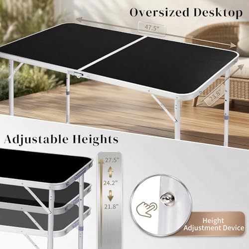4Ft Portable Folding Table, 3 Adjustable Heights Lightweight Aluminum Camping - Image 4