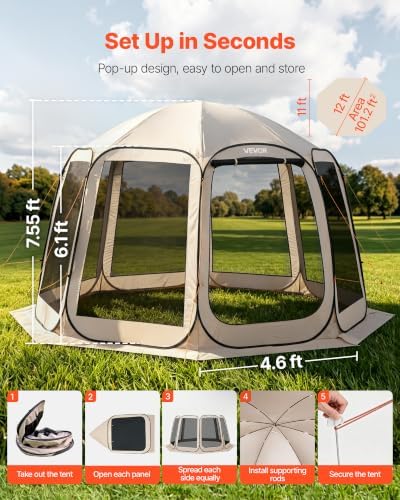 VEVOR Pop up Screen House Tent, 12 x 11 ft, 10-12 Person Screen Gazebo - Image 2