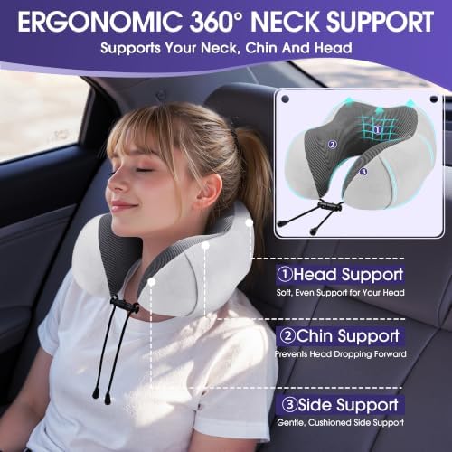CloudBliss Neck Pillow for Sleeping, Memory Foam Travel Pillow, Light Grey - Image 2