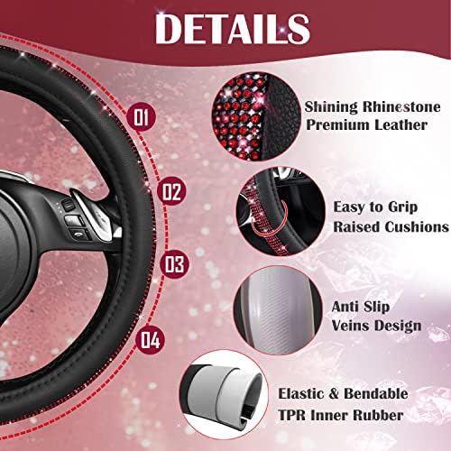 CAR PASS Red Diamond Black Leather Steering Wheel Cover, - Image 5
