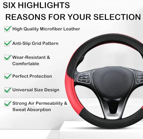 Leather Patchwork Black Red Steering Wheel Cover, 14.5-15 Inch Non-Slip - Image 6