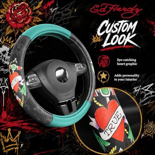 ED HARDY Heart Print Steering Wheel Cover, Mint Leather Universal Car Streeing - Image 3