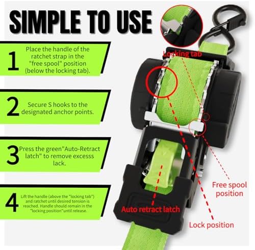 Retractable Ratchet Straps 1 Inch x 12 Feet Heavy Duty Tie Downs Auto Retract - Image 4