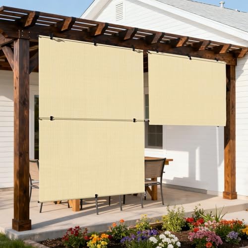 Outdoor Roller Shade 5'W x 9'H Cordless Shades Roll Up, Folding Exterior Patio by Coonoble