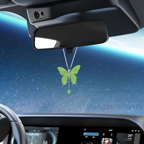 Rhinestone Butterfly Rearview Mirror Ornament, Light Green - Image 5