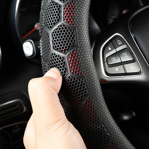 3D Honeycomb Red Steering Wheel Cover, 14.5-15 Inch Non-Slip Breathable Leather - Image 3