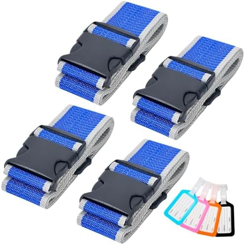 Luggage Straps and Tags Set for Suitcase, 4 Vibrant Color Straps and 4 Tags by BILIONE