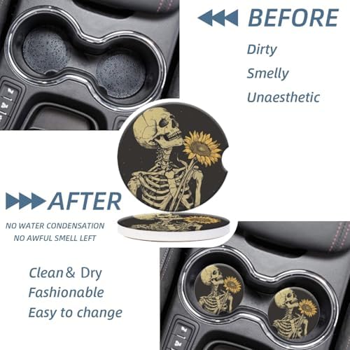 Cup Holder for Car, Skull Embracing A Sunflower Design Ceramic Coasters - Image 4