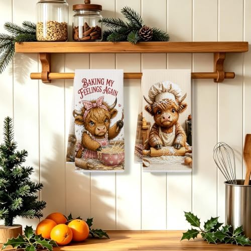 2 Pcs Baking My Feelings Again Kitchen Towels, Cows Soft Waffle Hand Towels - Image 5