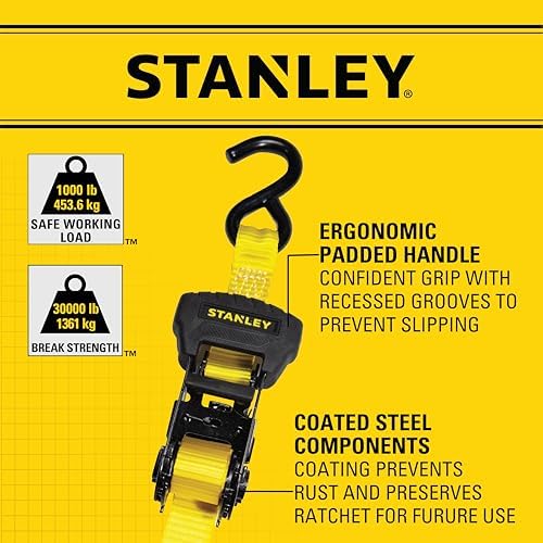Stanley S1006 Black/Yellow 1" x 14' Ratchet Tie Down Straps - Image 6