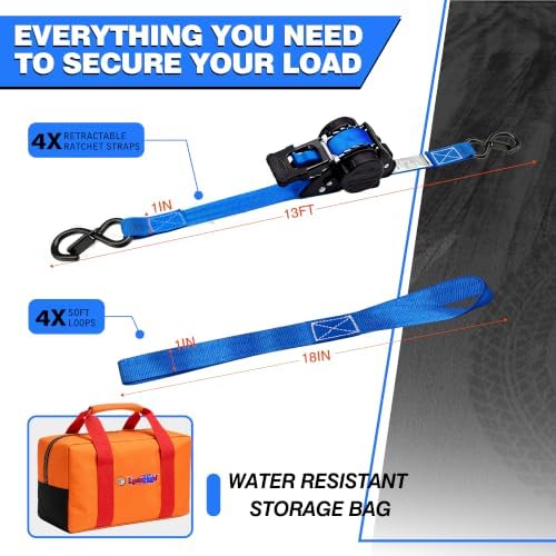 Retractable Ratchet Straps 1" x 13 Ft, 800 Lbs, 4 Pack - Image 4