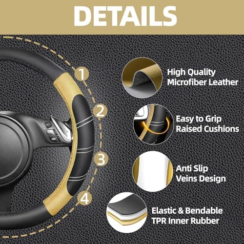 NBTEPEM 6 Pcs Beige Steering Wheel Cover Set, Sport Microfiber Leather Steering - Image 3