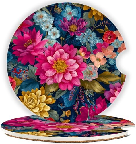 Ceramic Car Cup Holder Coasters Set of 2, 2.56 in Colorful Flowers by Mengduxd