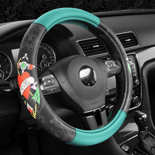 ED HARDY Heart Print Steering Wheel Cover, Mint Leather Universal Car Streeing - Image 5