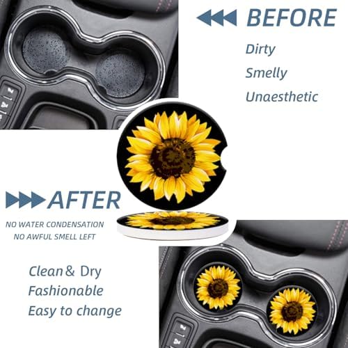 Cup Holder for Car, Elegant Sunflower Close-Up Print Ceramic Coasters Non-Slip - Image 4