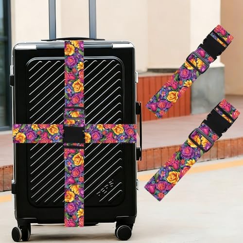 2PC, Floral Luggage Strap 1.97 x 70.87 inch Colorful Rose Tulip Blossom Pattern - Image 2