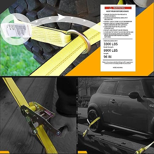 Car Tie Down Straps for Trailers Flat Hooks Lasso Style and 2'' X 96'' Tie Down - Image 6