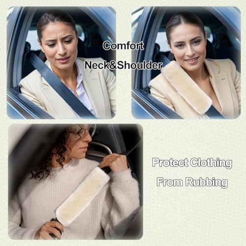 AOGELAN Fluffy Fuzzy Genuine Sheepskin Car Seat Belt Covers - Image 6