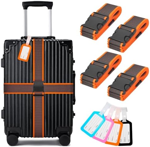 Luggage Straps and Tags Set for Suitcase, 4 Vibrant Color Straps and 4 Tags by BILIONE