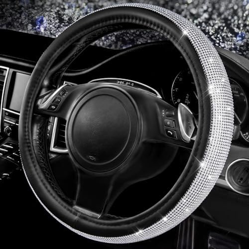 CAR PASS Bling Silver Diamond Leather Steering Wheel Cover, by CARPASS