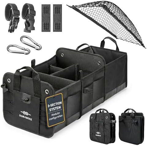 Large Car Trunk Organizer, Modular & Collapsible, 3 Compartment XL by DURABLEZ