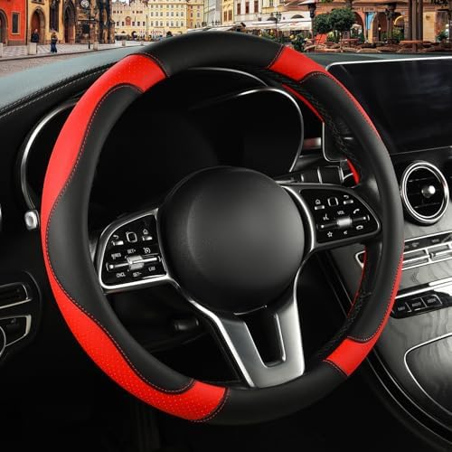 Black Red Microfiber Leather Steering Wheel Cover 15 inch by Binsheo